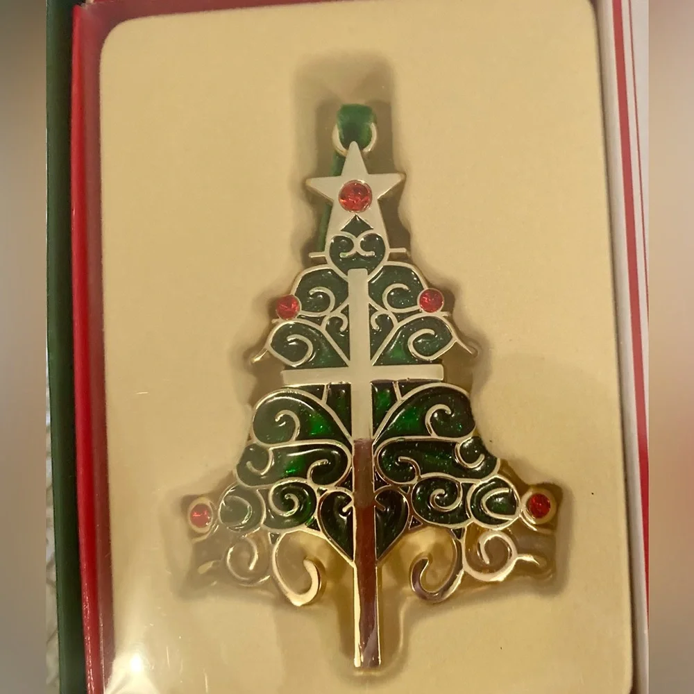 NIB Christmas Cross Tree Ornament - Green/Red/Gold 3.5” x 2.5”
